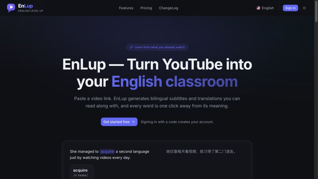 EnLup English homepage with bilingual learning example and video-based study introduction