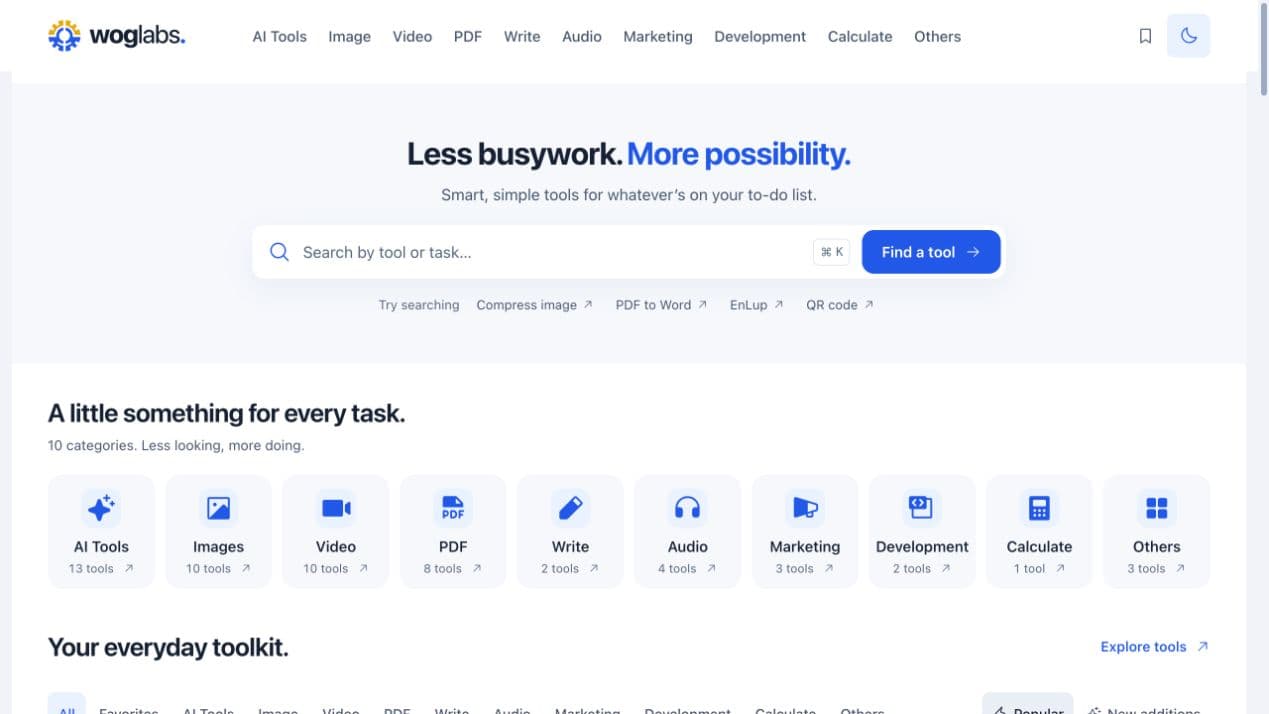 WOG Labs light-mode homepage showing tool search and categories for everyday digital tasks